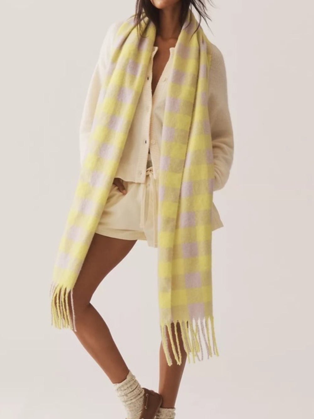 Maeve Brushed Gingham Scarf - Yellow and Lilac - One Size